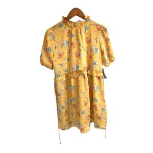 NWT Velvet Torch Yellow Floral Mini Dress Ruffled Neck Elastic Short Sleeve LRG